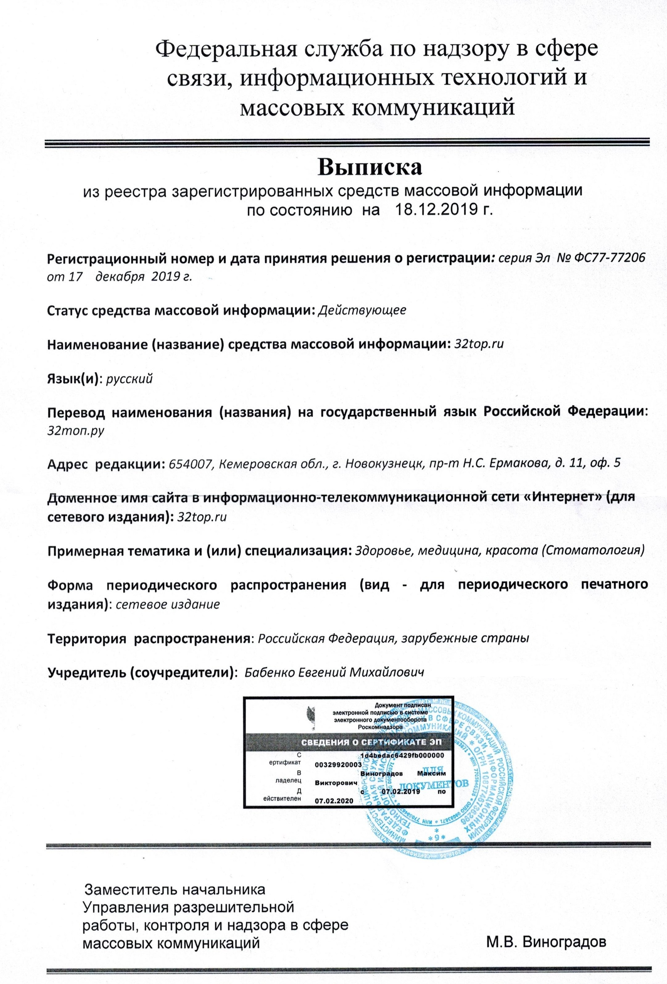 Запись о регистрации СМИ
 ЭЛ № ФС77-77206 выдано Роскомнадзором 17.12.2019г.